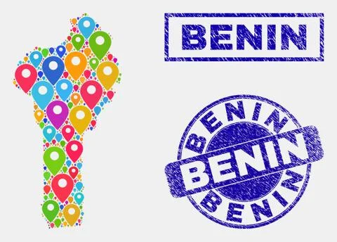 Map Pointers Mosaic of Benin Map and Grunge Stamp Seals Stock Illustration