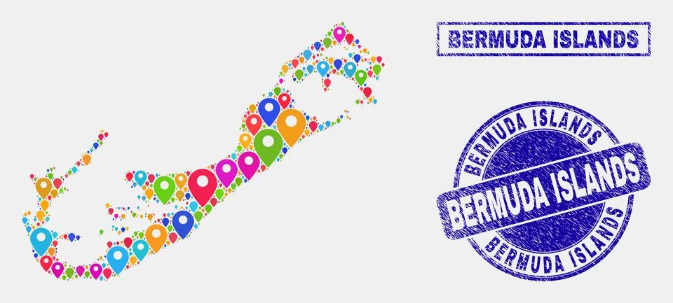 Map Pointers Mosaic of Bermuda Islands Map and Textured Stamp Seals 스톡 일러스트