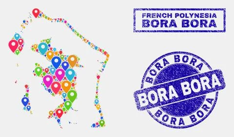 Map Pointers Mosaic of Bora-Bora Map and Distress Stamp Seals Stock Illustration