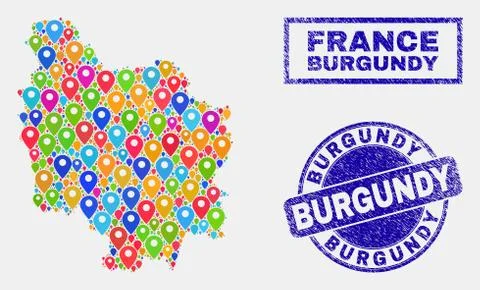 Map Pointers Mosaic of Burgundy Province Map and Grunge Seals 스톡 일러스트