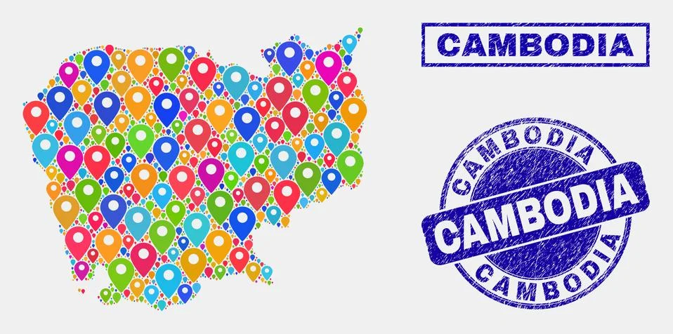 Map Pointers Mosaic of Cambodia Map and Distress Stamps 스톡 일러스트