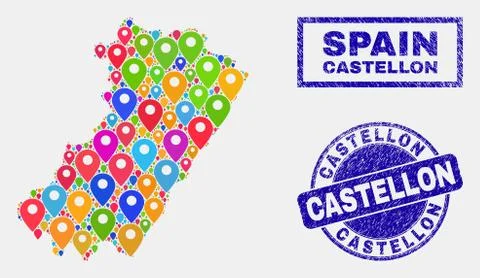 Map Pointers Mosaic of Castellon Province Map and Scratched Stamp Seals Stock Illustration