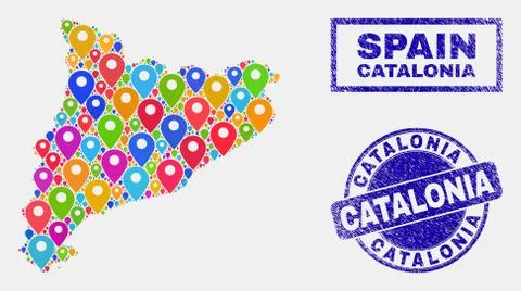 Map Pointers Mosaic of Catalonia Map and Distress Seals Stock Illustration