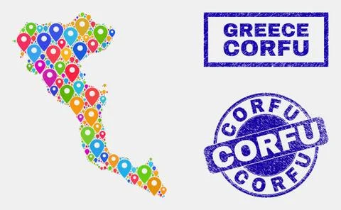 Map Pointers Mosaic of Corfu Island Map and Textured Stamps Stock Illustration