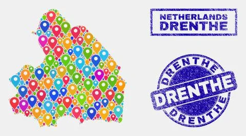 Map Pointers Mosaic of Drenthe Province Map and Textured Stamp Seals Illustrazione stock