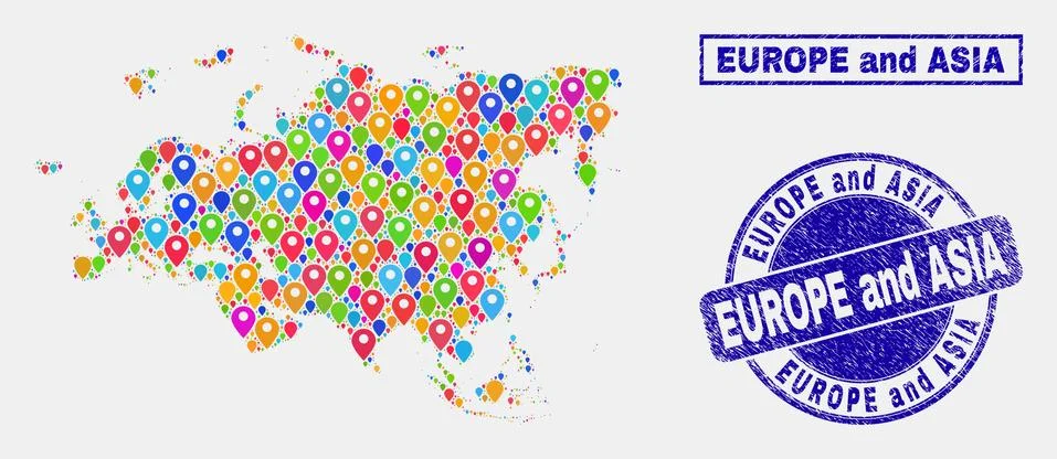 Map Pointers Mosaic of Europe and Asia Map and Grunge Stamp Seals 스톡 일러스트