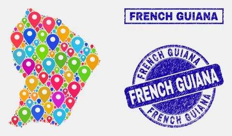 Map Pointers Mosaic of French Guiana Map and Grunge Seals 스톡 일러스트