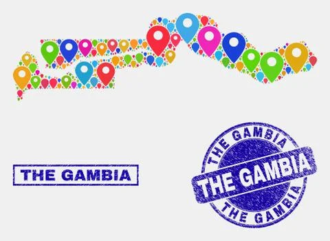 Map Pointers Mosaic of The Gambia Map and Textured Stamp Seals Stock Illustration