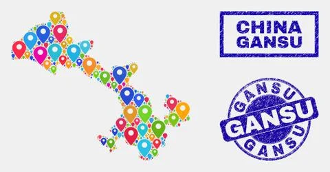 Map Pointers Mosaic of Gansu Province Map and Distress Seals Stock Illustration