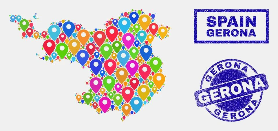 Map Pointers Mosaic of Gerona Province Map and Distress Stamp Seals 스톡 일러스트