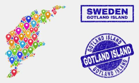 Map Pointers Mosaic of Gotland Island Map and Textured Stamps Illustrazione stock