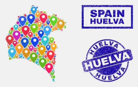 Map Pointers Mosaic of Huelva Province Map and Grunge Stamps Stock Illustration
