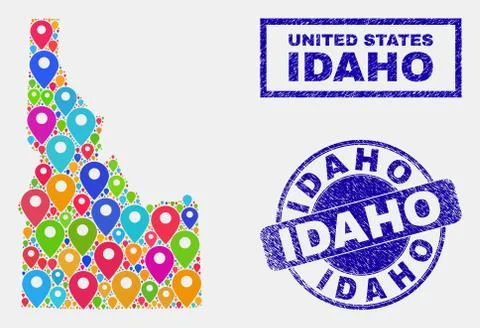 Map Pointers Mosaic of Idaho State Map and Distress Seals 库存插图