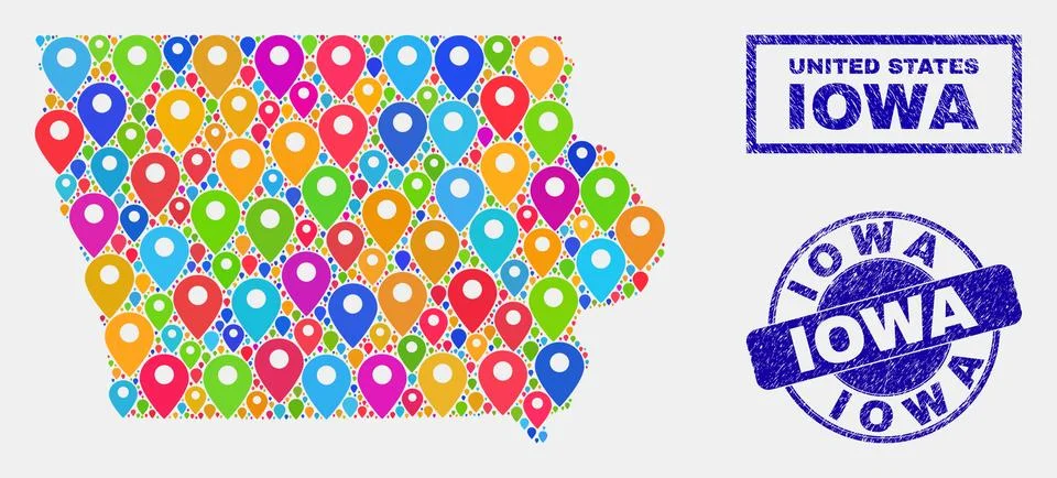 Map Pointers Mosaic of Iowa State Map and Grunge Seals 스톡 일러스트