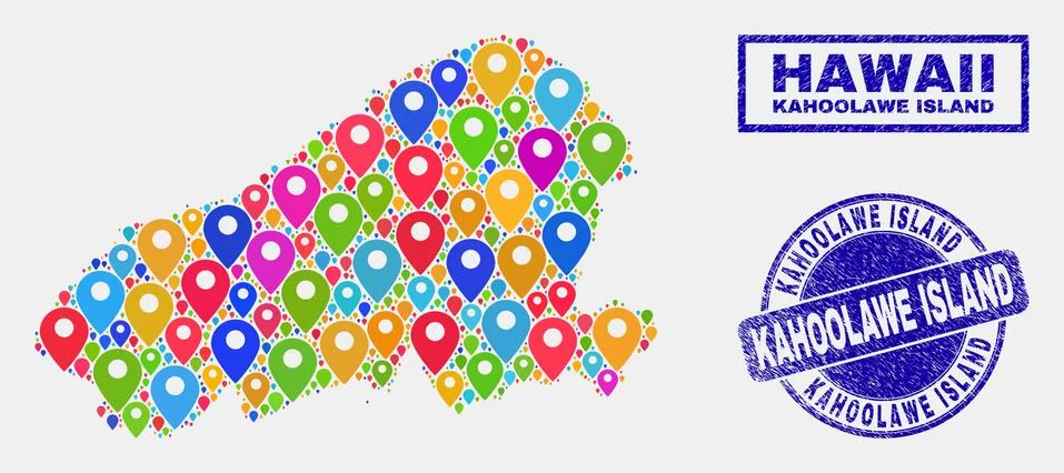 Map Pointers Mosaic of Kahoolawe Island Map and Distress Stamps Stock Illustration