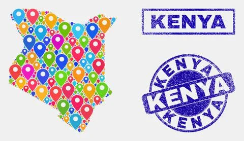 Map Pointers Mosaic of Kenya Map and Grunge Stamp Seals 스톡 일러스트