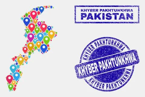 Map Pointers Mosaic of Khyber Pakhtunkhwa Province Map and Scratched Stamps Stock Illustration