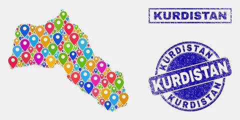 Map Pointers Mosaic of Kurdistan Map and Textured Stamp Seals Stock Illustration