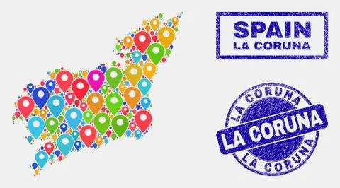 Map Pointers Mosaic of La Coruna Province Map and Textured Stamp Seals Illustrazione stock
