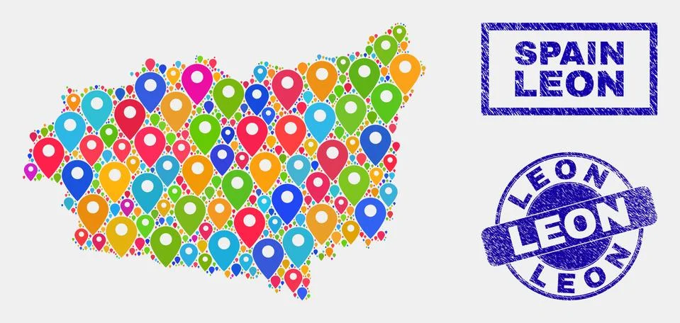 Map Pointers Mosaic of Leon Province Map and Grunge Seals Stock Illustration