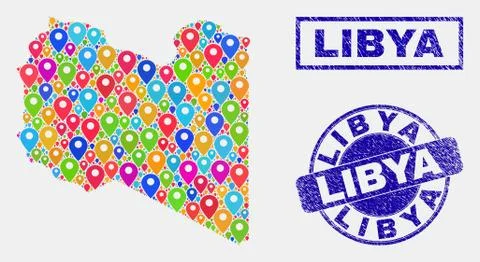 Map Pointers Mosaic of Libya Map and Distress Stamp Seals Stock Illustration