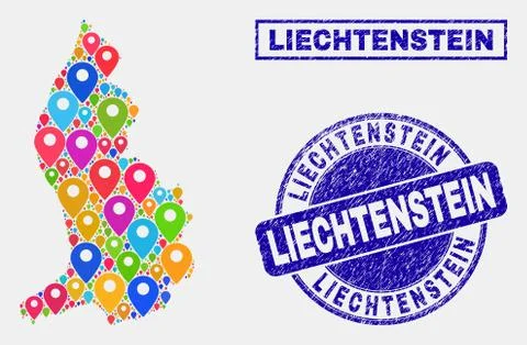 Map Pointers Mosaic of Liechtenstein Map and Grunge Stamp Seals 스톡 일러스트