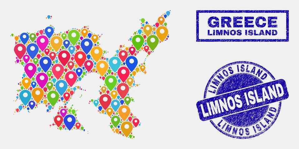 Map Pointers Mosaic of Limnos Island Map and Scratched Stamps Stock Illustration
