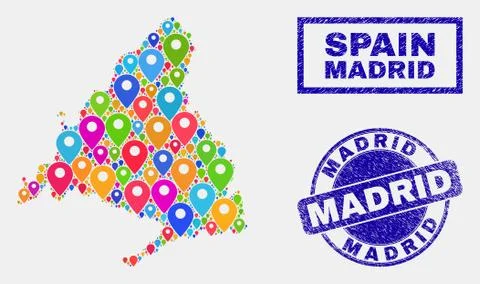 Map Pointers Mosaic of Madrid Province Map and Grunge Stamps Stock Illustration