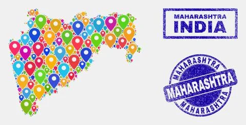 Map Pointers Mosaic of Maharashtra State Map and Textured Stamps Stock Illustration