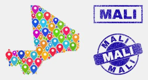 Map Pointers Mosaic of Mali Map and Textured Stamps Stock Illustration