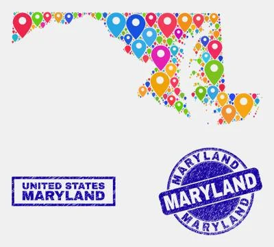 Map Pointers Mosaic of Maryland State Map and Textured Seals Stock Illustration