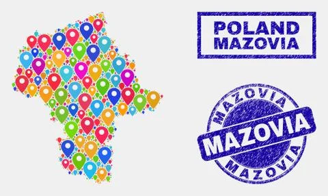 Map Pointers Mosaic of Masovian Voivodeship Map and Scratched Stamp Seals Stock Illustration