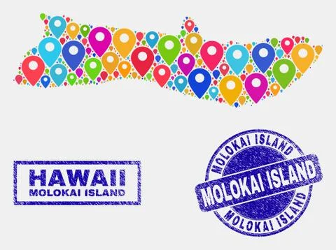Map Pointers Mosaic of Molokai Island Map and Distress Stamps イラスト素材