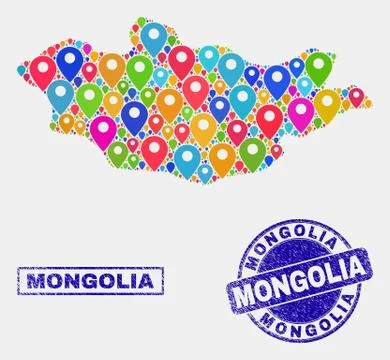 Map Pointers Mosaic of Mongolia Map and Distress Seals Illustrazione stock