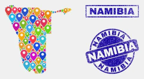 Map Pointers Mosaic of Namibia Map and Distress Stamp Seals イラスト素材