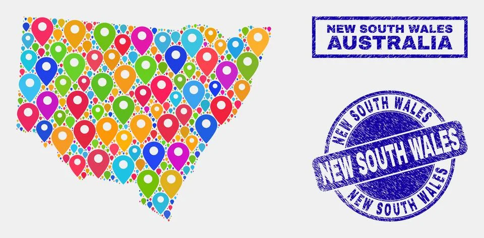 Map Pointers Mosaic of New South Wales Map and Textured Stamps イラスト素材