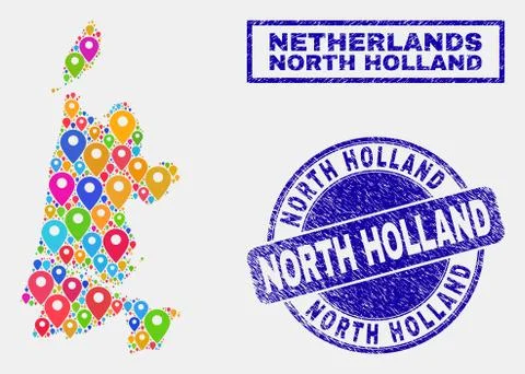 Map Pointers Mosaic of North Holland Map and Grunge Seals Illustrazione stock