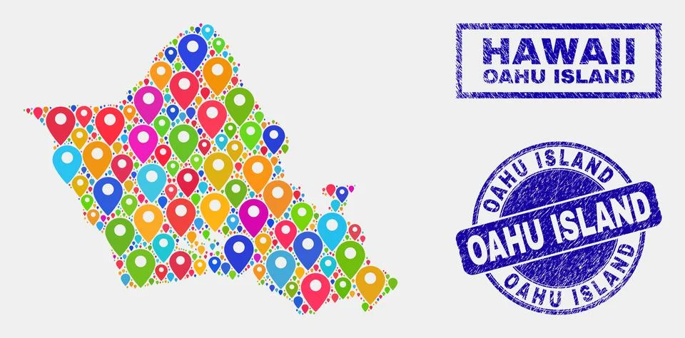 Map Pointers Mosaic of Oahu Island Map and Distress Stamp Seals 스톡 일러스트