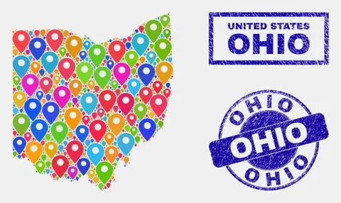 Map Pointers Mosaic of Ohio State Map and Textured Stamps Stock Illustration