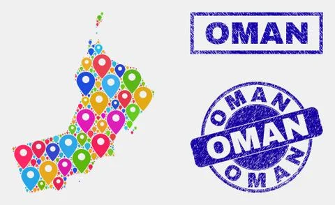 Map Pointers Mosaic of Oman Map and Scratched Stamp Seals イラスト素材