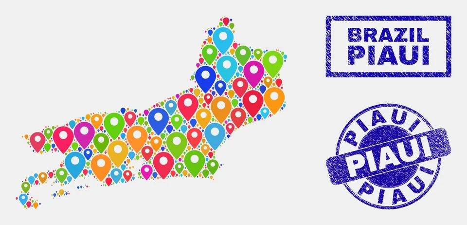 Map Pointers Mosaic of Piaui State Map and Grunge Seals Illustrazione stock