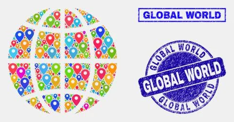 Map Pointers Mosaic of Planet Globe and Scratched Stamp Seals Stockillustratie