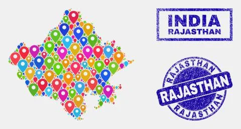Map Pointers Mosaic of Rajasthan State Map and Textured Seals 스톡 일러스트