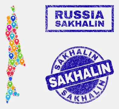 Map Pointers Mosaic of Sakhalin Island Map and Textured Seals Illustrazione stock