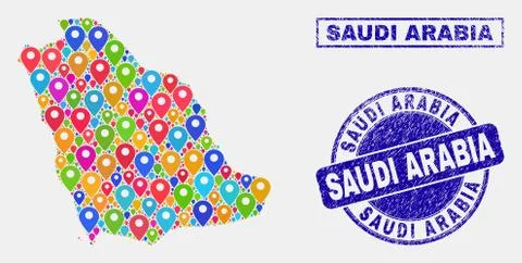 Map Pointers Mosaic of Saudi Arabia Map and Distress Stamp Seals Stock Illustration
