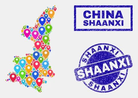 Map Pointers Mosaic of Shaanxi Province Map and Textured Stamp Seals 스톡 일러스트