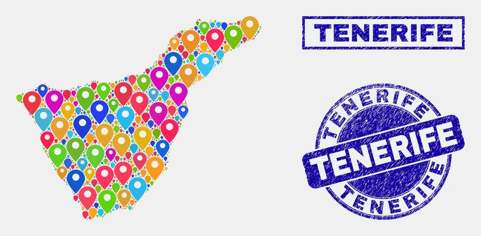 Map Pointers Mosaic of Tenerife Map and Scratched Seals イラスト素材