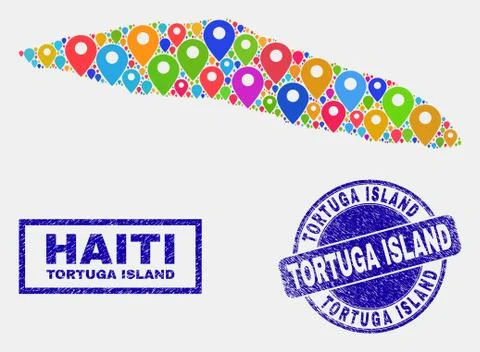 Map Pointers Mosaic of Tortuga Island of Haiti Map and Textured Stamp Seals Illustrazione stock