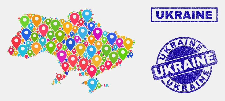 Map Pointers Mosaic of Ukraine Map and Textured Stamps イラスト素材