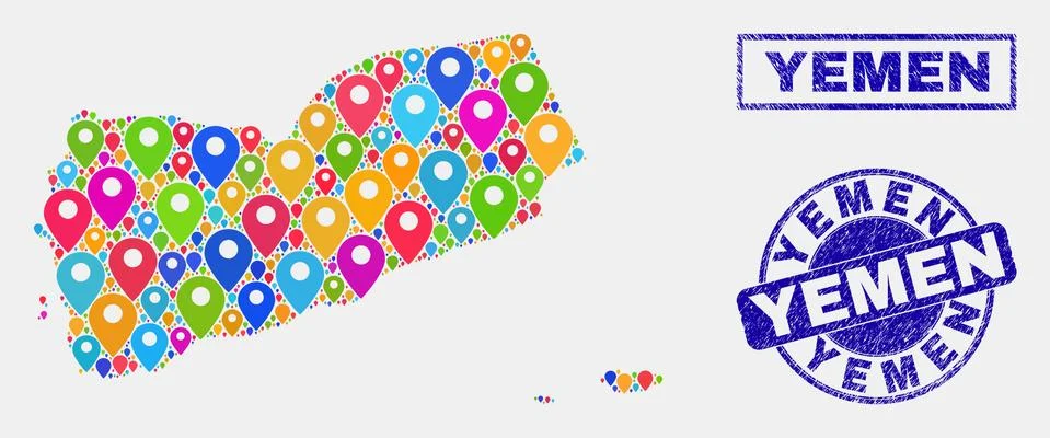 Map Pointers Mosaic of Yemen Map and Grunge Seals イラスト素材